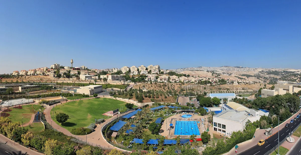 View from the culture hall over the outdoor pool and park, with the city beyond