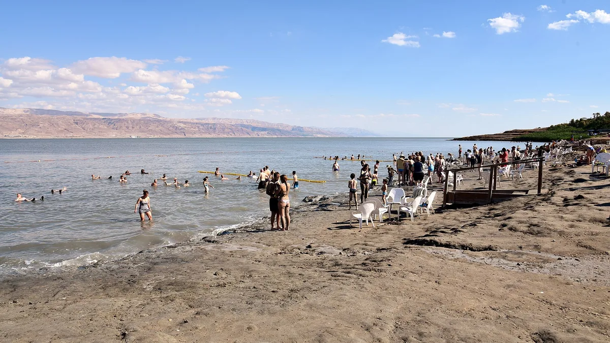 Bathers at Kalia Beach on the northern Dead Sea