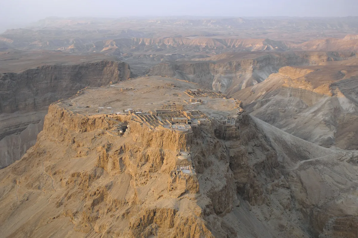 Aerial view of the Masada plateau above the Dead Sea