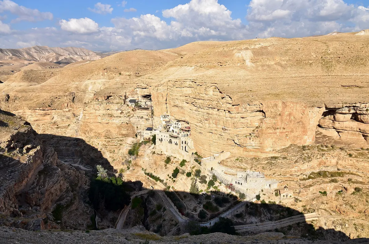 St George's Monastery clinging to the cliff of Wadi Qelt, seen from the lookout opposite